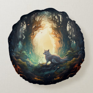 Wolf in a mysterious forest round pillow