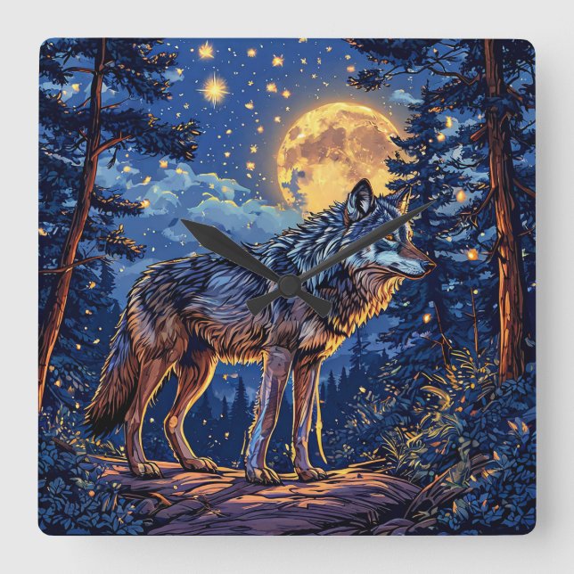 Wolf in forest square wall clock (Front)