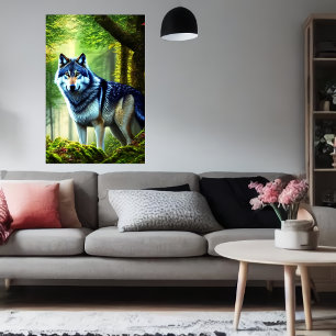 wolf in green forest AI Art Poster