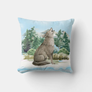 Wolf in Mountain Scene Throw Pillow