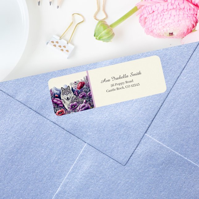 Wolf In Poppy Field Folk Art Return Address Label (A botanical wolf illustration for advance ai makes this a lovely return address label!)