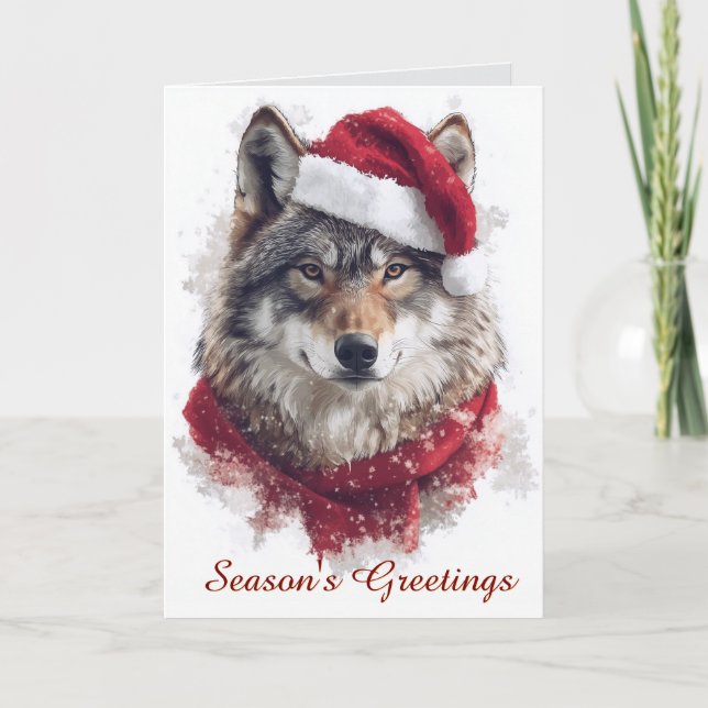 Wolf in Santa Hat Christmas Card (Front)