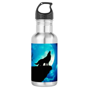 Wolf in silhouette howling to the full moon 532 ml water bottle