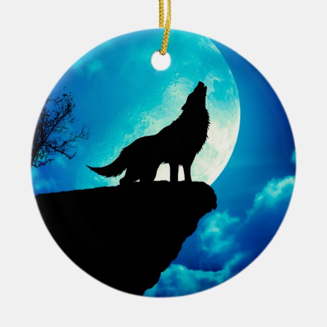 Wolf in silhouette howling to the full moon ceramic ornament (Front)