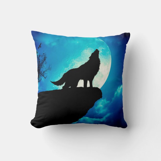 Wolf in silhouette howling to the full moon cushion (Front)