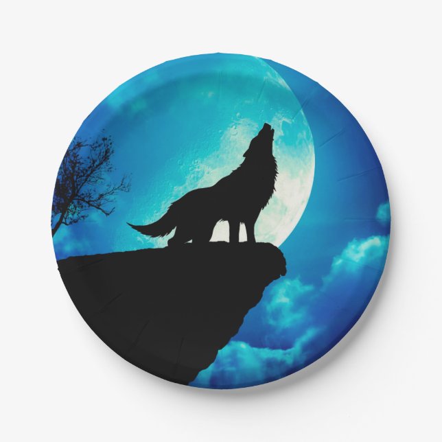 Wolf in silhouette howling to the full moon paper plate (Front)