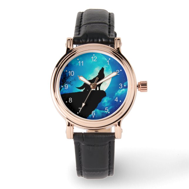 Wolf in silhouette howling to the full moon watch (Front)