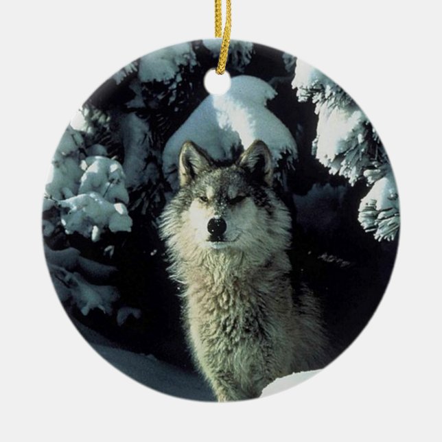 Wolf in snow ceramic tree decoration (Front)