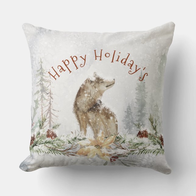 Wolf in snowy Christmas wood & holiday flowers Cushion (Front)