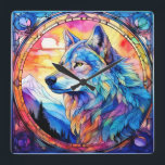 Wolf in Stained Glass  Square Wall Clock<br><div class="desc">A beautiful wolf with her sights on the mountains and the sunset behind her in stained glass motif.</div>