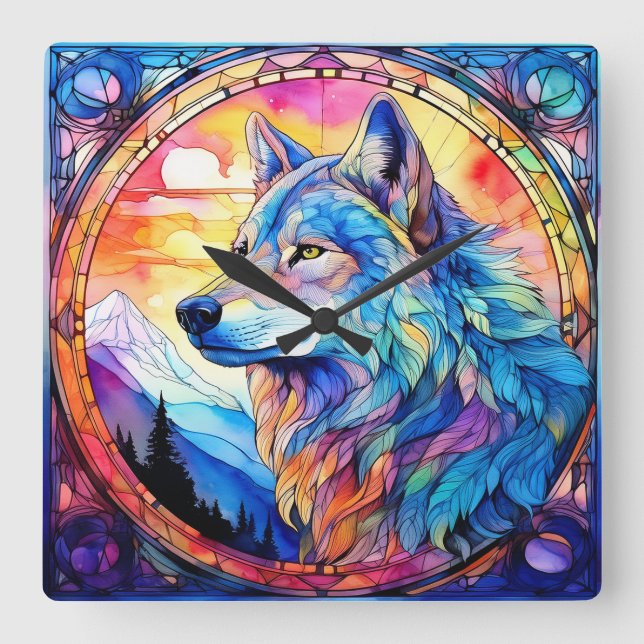 Wolf in Stained Glass  Square Wall Clock (Front)