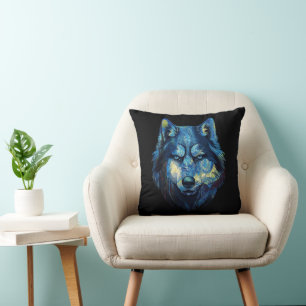Wolf in starry night abstract wildlife cushion