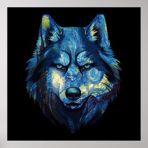 Wolf in starry night abstract wildlife poster