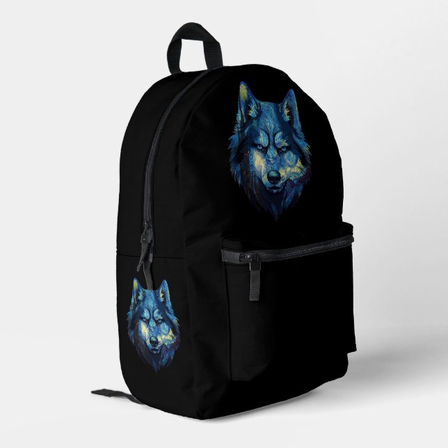 Wolf in starry night abstract wildlife printed backpack (Back Corner Left)