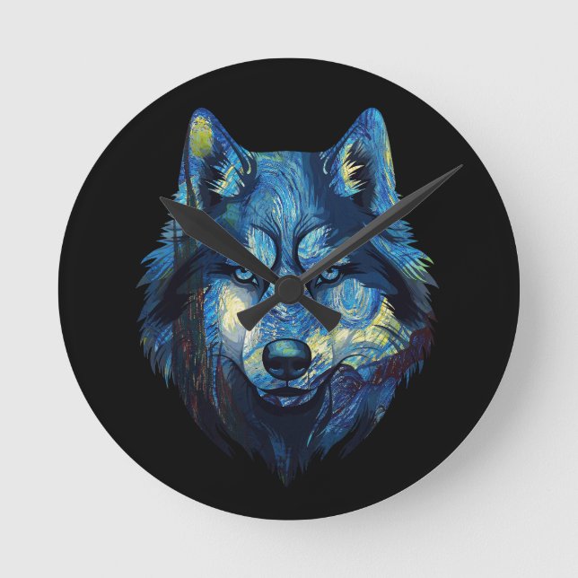 Wolf in starry night abstract wildlife round clock (Front)