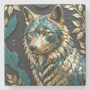 Wolf in Teal and Gold leaves Stone Coaster