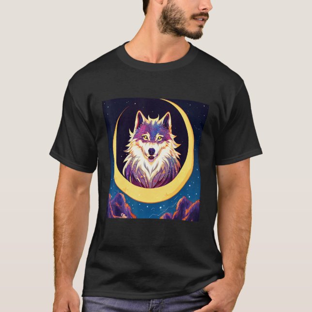 Wolf in the Crescent Moon Design T-Shirt (Front)