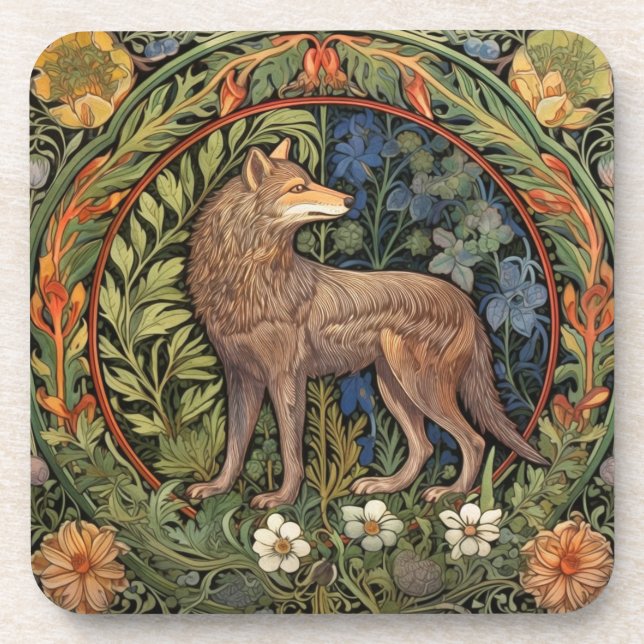 Wolf in the forest art nouveau coaster (Front)