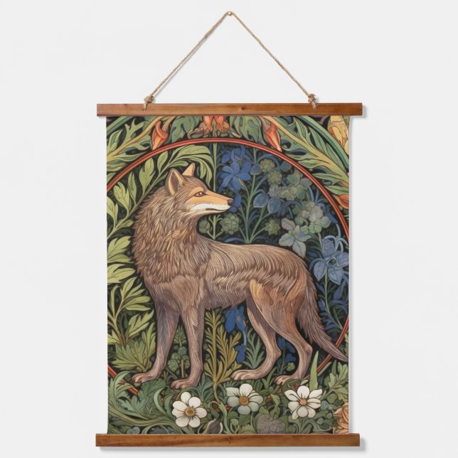 Wolf in the forest art nouveau hanging tapestry (Front)