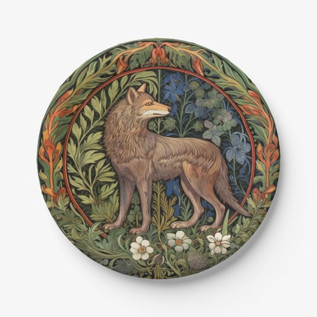 Wolf in the forest art nouveau paper plate (Front)