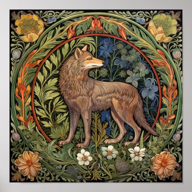 Wolf in the forest art nouveau poster (Front)