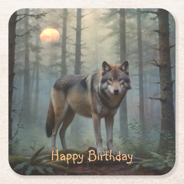 Wolf in the Forest Square Paper Coaster (Front)