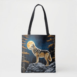 Wolf in the Forest with Yellow Moon Tote Bag