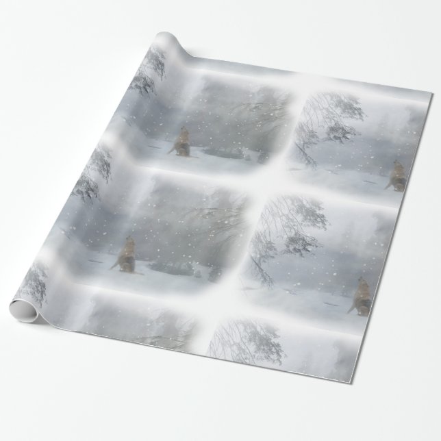 Wolf in the Snow Christmas Wrapping Papper Paper (Unrolled)
