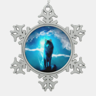 Wolf in the thunderstorm snowflake pewter christmas ornament