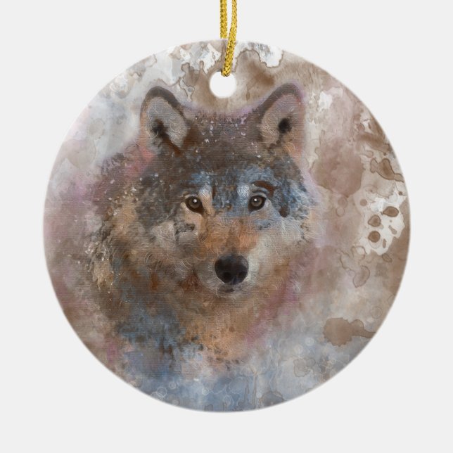 Wolf in watercolor ceramic tree decoration (Front)
