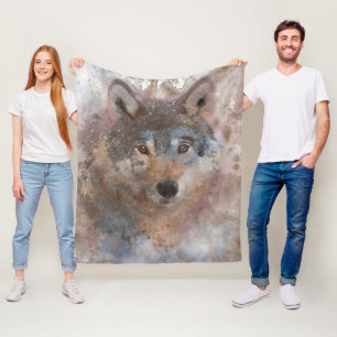Wolf in watercolor fleece blanket
