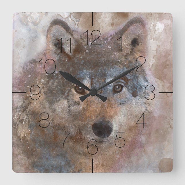 Wolf in watercolor square wall clock (Front)