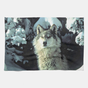 Wolf in Winter Forest Artwork Tea Towel