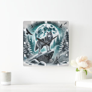 Wolf in Winter Forest Under Moonlit Sky Square Wall Clock