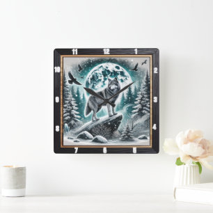 Wolf in Winter Forest Under Moonlit Sky Square Wall Clock