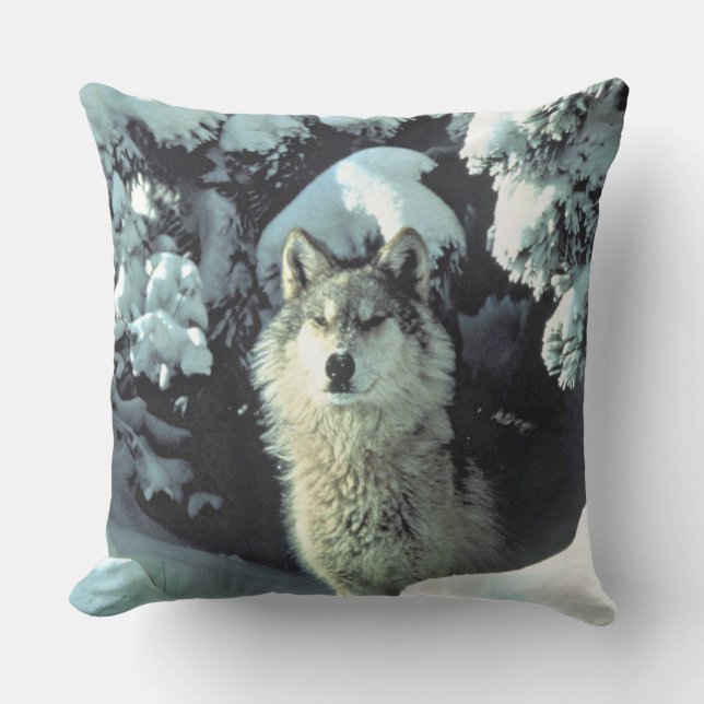 Wolf in Winter Forest Wildlife Design Cushion (Front)