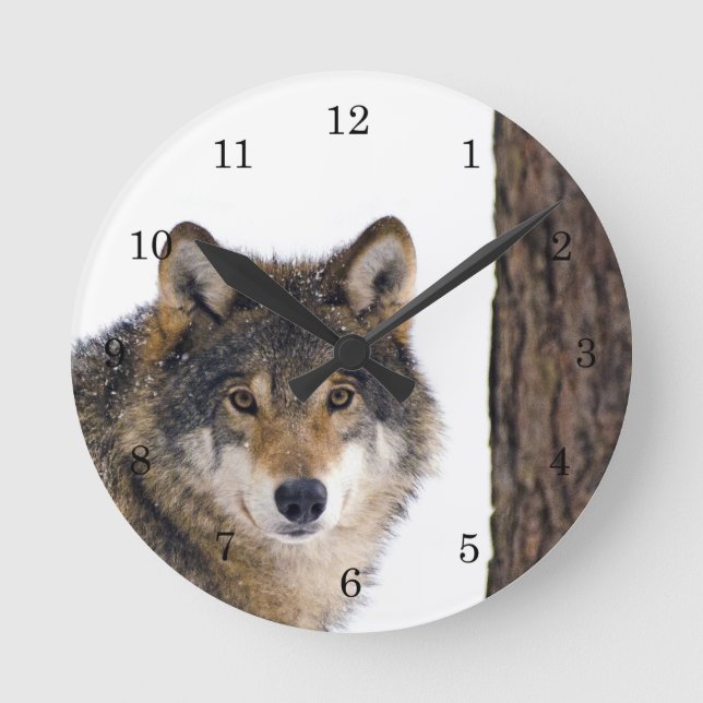 Wolf in Winter Snow Round Clock (Front)