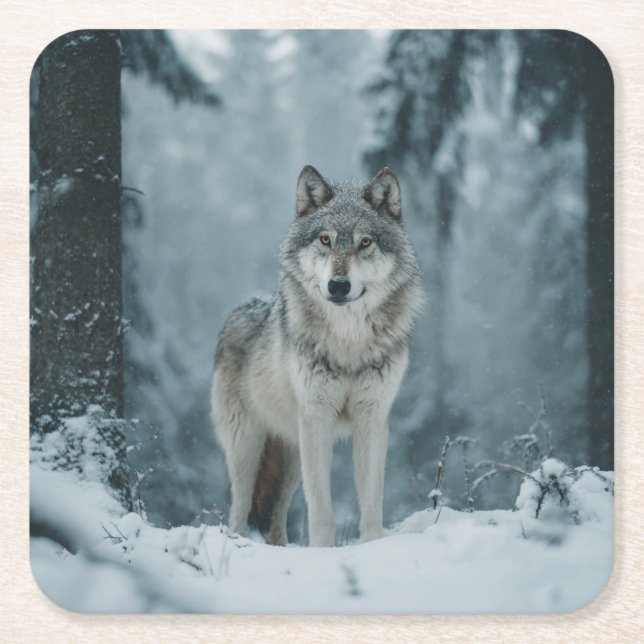 Wolf in Winter Square Paper Coaster (Front)