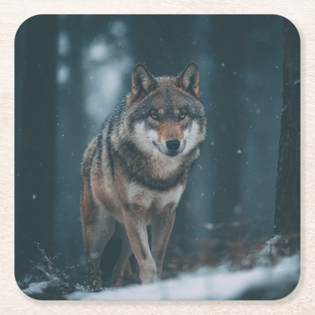 Wolf in Winter Square Paper Coaster (Front)