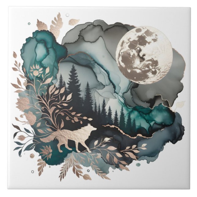 Wolf Landscape & Moon Teal Gold Ceramic Tile (Front)