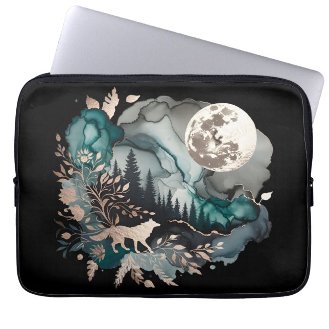 Wolf Landscape & Moon Teal Gold Laptop Sleeve (Front)