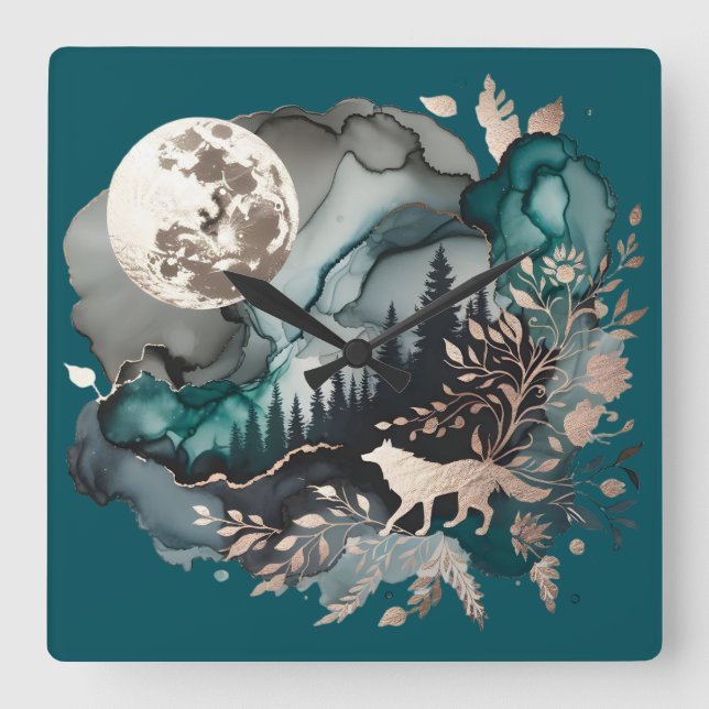 Wolf Landscape & Moon Teal Gold Square Wall Clock (Front)