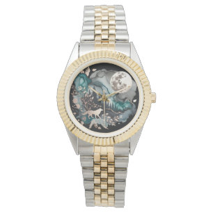 Wolf Landscape & Moon Teal Gold Watch