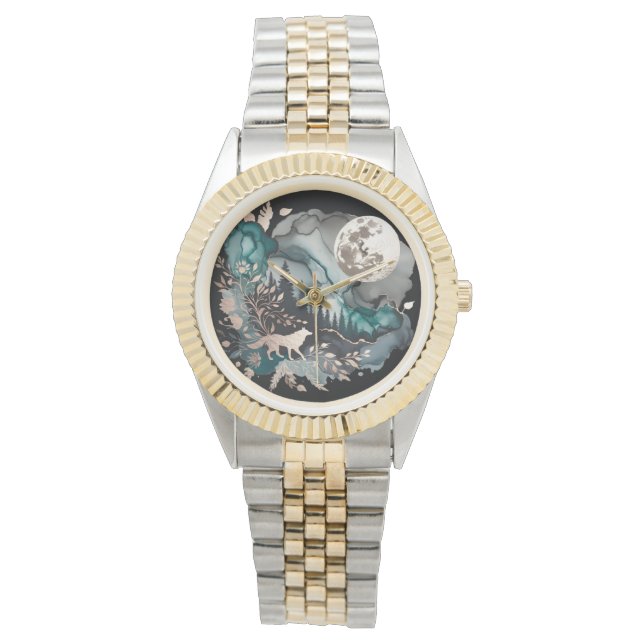 Wolf Landscape & Moon Teal Gold Watch (Front)