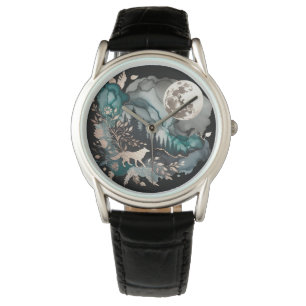Wolf Landscape & Moon Teal Gold Watch
