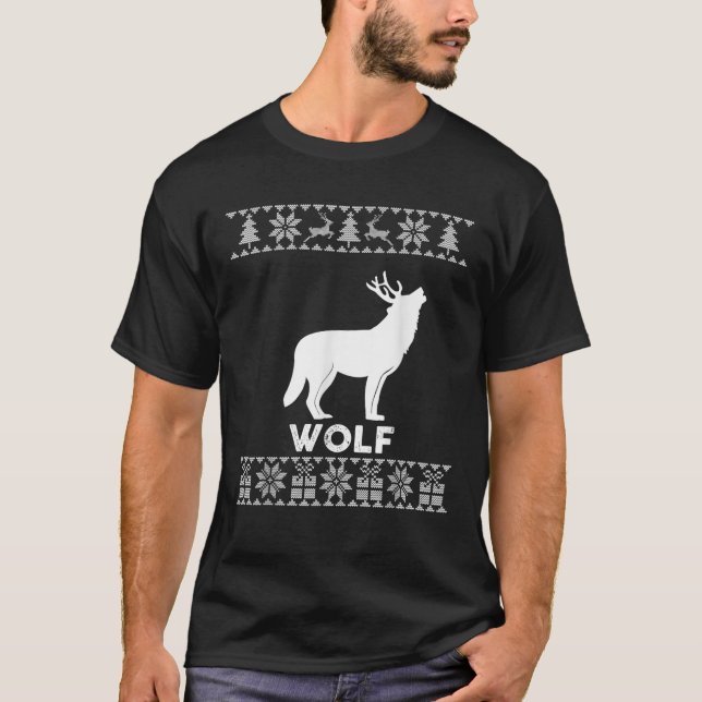 Wolf Lover Christmas Reindeer Wolf Ugly Christmas  T-Shirt (Front)