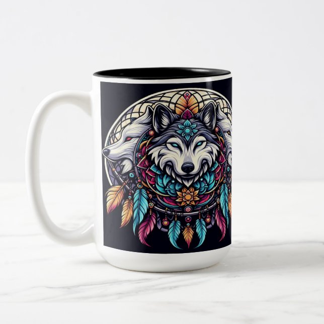 Wolf Mandala With Vibrant Colours and Dreamcatcher Two-Tone Coffee Mug (Left)