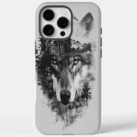 Wolf merges with moonlit forest scene