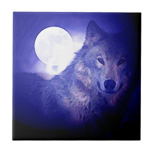 Wolf, Moon & Blue Night Ceramic Tile