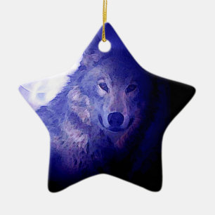 Wolf, Moon & Blue Night Ceramic Tree Decoration